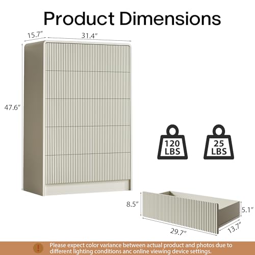 MAISONARIA Beige Curved 5 Drawer Dresser, Wide Modern Long Dresser for Bedroom, Living Room, or Entryway, Push to Open Storage Chest, Minimalist Scandinavian Style, Beige - color: Beige, size: 15.7"D x 31.4"W x 47.6"H (5 Drawers)