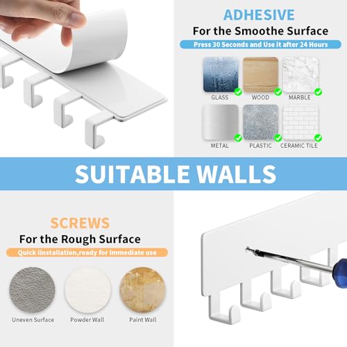 GTK Key Holder for Wall, Key Hooks with 10 Hooks, Wall Mounted Key Holder for Hallway, Self Adhesive Key Rack(White) - color: White