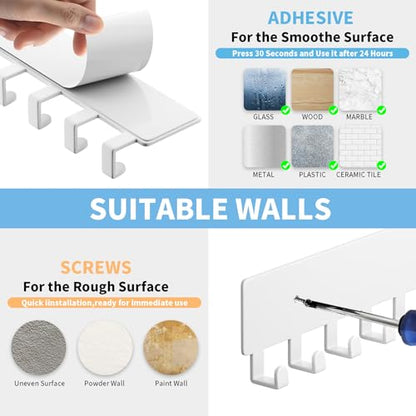 GTK Key Holder for Wall, Key Hooks with 10 Hooks, Wall Mounted Key Holder for Hallway, Self Adhesive Key Rack(White) - color: White