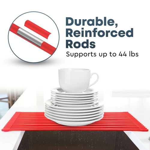 Zulay Kitchen Large Roll Up Dish Drying Rack - Heavy Duty Silicone Wrapped Steel Rods Over Sink Dish Drying Rack - Versatile Roll Up Sink Drying Rack & Trivet - Red,20.5 inches x 13 inches - color: Scarlet Red