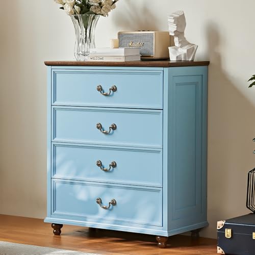Joaxswe Farmhouse 4 Drawer Dresser for Bedroom, 37" Tall Rustic Chests of Drawers w/ 4 Solid Wood Feet, Mid Century Modern Wooden Closet Storage Dressers Organizer for Living Room, Hallway, LightBlue - color: Light Blue, size: 15.7"D x 31.5"W x 37.2"H (4