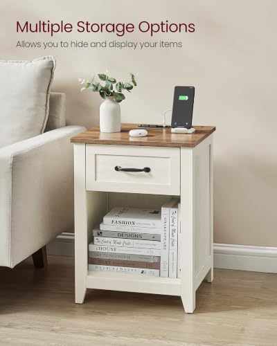 VASAGLE Farmhouse Nightstand with Charging Station, 1 Drawer | Bedside Table, Side Table with Open Compartment, for Bedroom, Rustic White and Honey Brown, LIRY Collection ULET659K41 - color: Rustic White + Honey Brown, size: 1 PACK, style: 17.7"W x 23.6"H