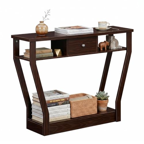 GIANTEX 43" Modern Console Table with Drawer & Storage Shelf, Coffee | Narrow Entryway Table w/ Geometric Angled-Leg Design, Mid-Century Behind Couch Sofa Table for Living Room, Hallway, Entrance - color: Coffee