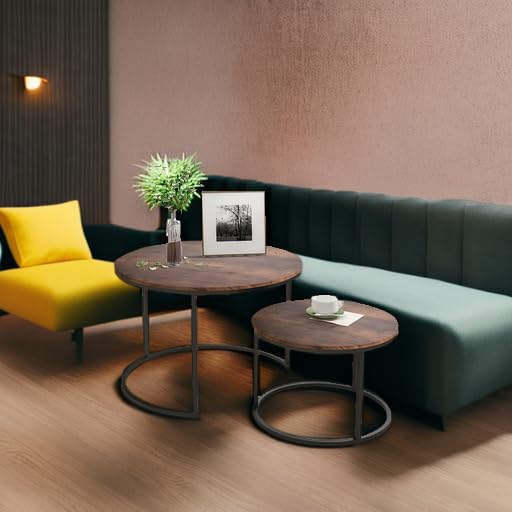 HOJINLINERO 원형 커피 테이블, 중첩 커피 테이블 2개 세트, 러스틱 브라운 | 거실, 작은 아파트, 작은 공간, 스태킹 사이드 테이블, 목재 테이블 탑, 견고하고 쉬운 조립, 대형 센터 테이블 - color: 브라운., size: 라지