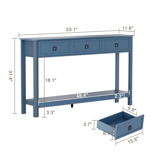 Treocho 53.1" Console Table with 3 Drawers, Sofa Table Behind Couch, 2 Tier | Long Entryway Table with Storage, Modern, For Hallway, Living Room, Blue - color: Blue