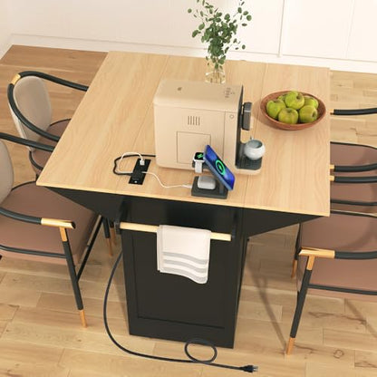 Rolling Kitchen Island with 2 Drop Leaf and Power Outlet, Island Table on Wheels with Towel Rack and Spice Rack, Kitchen Cart with Storage Cabinet and Drawers (Black) - color: Black