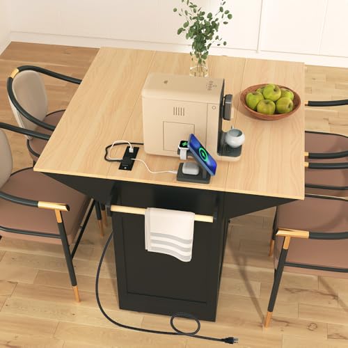 Rolling Kitchen Island with 2 Drop Leaf and Power Outlet, Island Table on Wheels with Towel Rack and Spice Rack, Kitchen Cart with Storage Cabinet and Drawers (Black) - color: Black