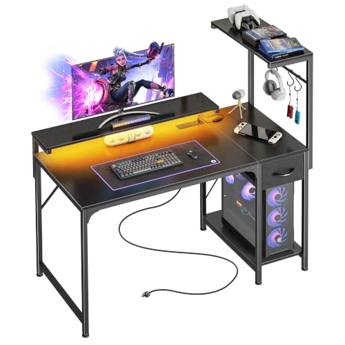 39.4 Inch Gaming Desk with LED Lights & Power Outlets | Small Computer Desk with Drawer & Storage Shelves, Office Writing Desk with Monitor Stand for Work from Home, Black - color: Black, size: 39.4 Inch
