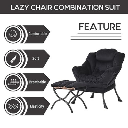 Lazy Chair with Ottoman, Comfy Accent Reading Chair, Velvet Black | Foldable Footrest,Removable Cover,with Armrests and Side Pockets,Upholstered Lounge Chair for Bedroom,Dorm,Office,Small Space - color: Velvet Black