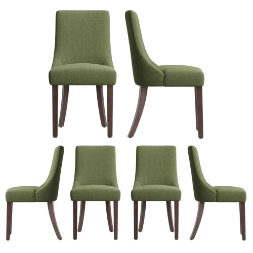 MALOL Wooden Dining Chairs Set of 6, Upholstered Kitchen & Dining Room Chairs with Solid Wood Legs Curved Backrest Farmhouse Accent Chair for Dining/Kitchen/Living Room, Green - color: Green, size: Set of 6