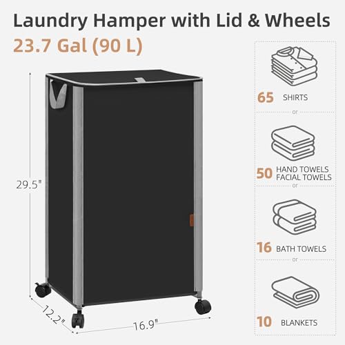 STORAGE MANIAC Rolling Laundry Hamper with Lid, 23.7 Gal (90 L) Large Tall Laundry Basket with Wheels & Handles, Aesthetic Dirty Clothes Hamper for Small Space, Dorm, Apartment, College, Black - color: Black