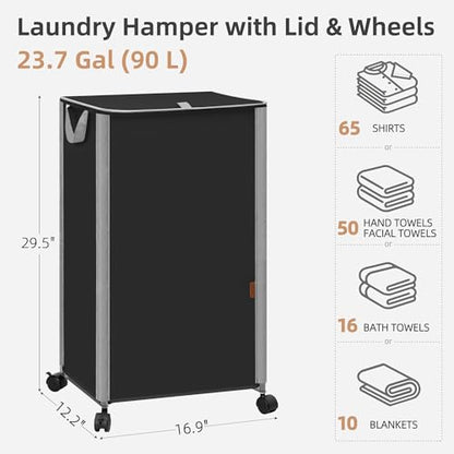 STORAGE MANIAC Rolling Laundry Hamper with Lid, 23.7 Gal (90 L) Large Tall Laundry Basket with Wheels & Handles, Aesthetic Dirty Clothes Hamper for Small Space, Dorm, Apartment, College, Black - color: Black