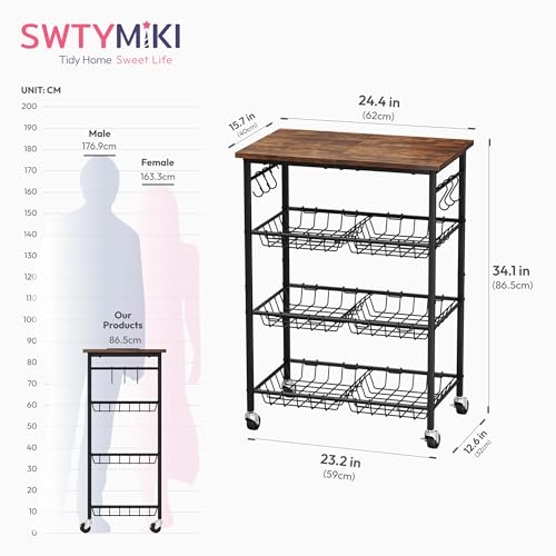 SWTYMIKI 24.4''x15.7'' Rolling Microwave Cart - 4 Tier Microwave Table Stand with 6 Storage Baskets, Coffee Bar with Wheels, Kitchen Utility Cart Shelf Rack Organizer for Vegetables, Potato, Brown - color: Brown