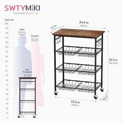 SWTYMIKI 24.4''x15.7'' Rolling Microwave Cart - 4 Tier Microwave Table Stand with 6 Storage Baskets, Coffee Bar with Wheels, Kitchen Utility Cart Shelf Rack Organizer for Vegetables, Potato, Brown - color: Brown