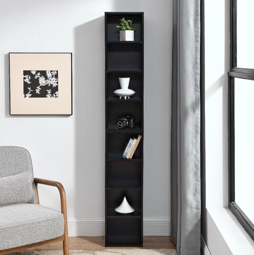 Tall Narrow Bookshelf,8-Tiers Bookcase with Adjustable Shelves,Double-Decker Combination Thin Media Tower Rack,CD DVD Slim Storage Cabinet for Living Room,Bedroom,Studio and Office (Black, 71"H) - color: Black