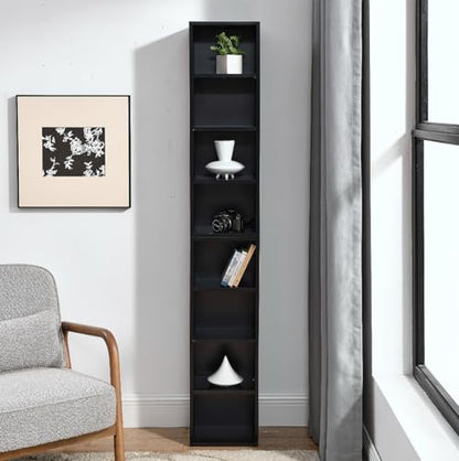 Tall Narrow Bookshelf,8-Tiers Bookcase with Adjustable Shelves,Double-Decker Combination Thin Media Tower Rack,CD DVD Slim Storage Cabinet for Living Room,Bedroom,Studio and Office (Black, 71"H) - color: Black