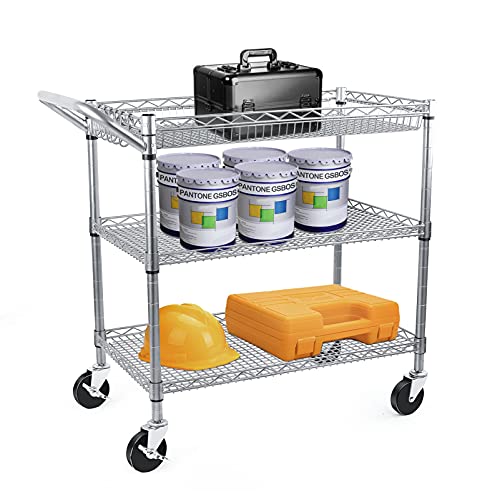 Heavy Duty 3 Tier Utility Cart,Wire Rolling Carts with Wheels, Commercial Grade Service Cart with Shelving Liners and Handle Bar Metal Carts for Kitchen Office Hardware - color: 990lbs Capacity Silver