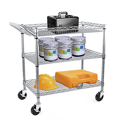 Heavy Duty 3 Tier Utility Cart,Wire Rolling Carts with Wheels, Commercial Grade Service Cart with Shelving Liners and Handle Bar Metal Carts for Kitchen Office Hardware - color: 990lbs Capacity Silver