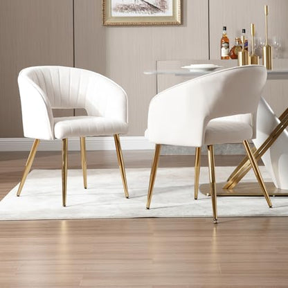 Velvet Home Office Desk Vanity Chair, No Wheels, Gold Legs, Off-White Cream | Modern Accent Chair with Stylish Stripe Design, Spacious‌ Soft Seat for Girls & Women Bedroom Makeup or Nail Table - color: Off-white Cream Velvet, No Wheels