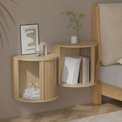 Floating Nightstand Set of 2 with Sliding Roller Shutter Doors,Wood | Set of 2 Floating Nightstands,Smooth Sliding Roller Shutters Hide Clutter.Curved Rounded Edges,Space-saving. - color: Floating Nightstand-oak