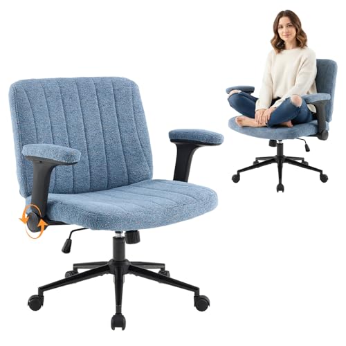 VINGLI Criss Cross Chair with Adjustable Flip-Up Arms,Cross Legged Chair with Wheels,Extra Wide Office Chair,Desk Chair for Home Office,Vanity,Bedroom, Apartment,Starry Chenille,Navy Blue - color: Navy Blue