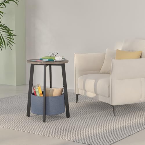 sthmec Small Round Side End Table with Cloth Storage Basket, Round Bedside Sofa Couch Coffee Tables for Small Places with Metal Frame, Modern Nighstands for Living Room Bedroom, Grey - color: Grey