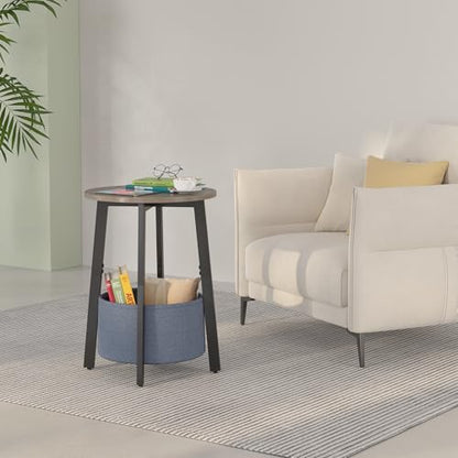 sthmec Small Round Side End Table with Cloth Storage Basket, Round Bedside Sofa Couch Coffee Tables for Small Places with Metal Frame, Modern Nighstands for Living Room Bedroom, Grey - color: Grey