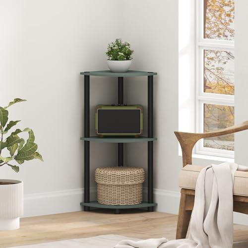 Furinno Turn-N-Tube Corner Shelf, 3-Tier Corner Bookshelf, Display Storage Shelves with Open Shelves, for Organization and Storage, Living Room, Home Office, Garage, Sage Green - color: Sage Green/Black, size: 3-Tier Round Tube