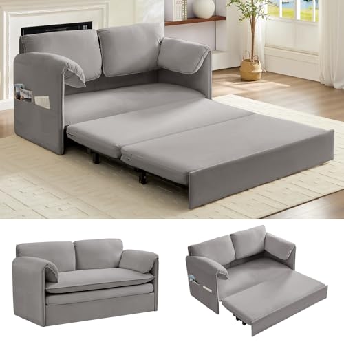ijuicy 3 in 1 Convertible Sofa Bed, Queen Size Pull Out Sofa Bed with 2 Side Pockets & Soft Armrest,60" Velvet Loveseat Sleeper Sofa with 4" Mattress for Living Room Furniture,Small Spaces-Light Grey | with 2 Side Pockets & Soft Armrest,60" Velvet Lovesea