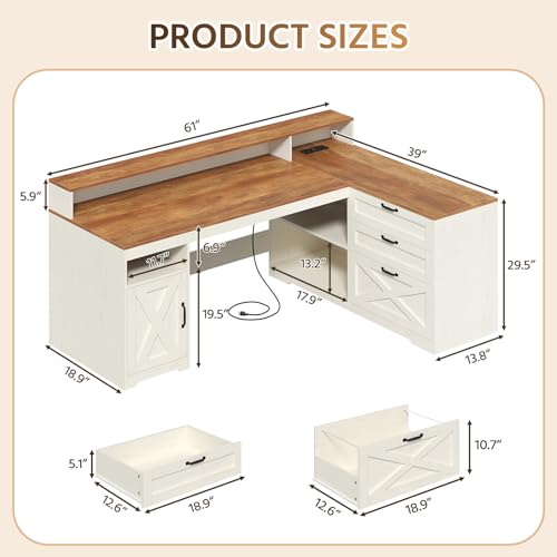 61" Farmhouse L Shaped Desk with Drawers ＆ Storage Shelves for Home Office | Home Office Desk with Storage Cabinet and Power Outlet, Brown White Desk with Storage Shelves and Monitor Stand - color: Brown and White