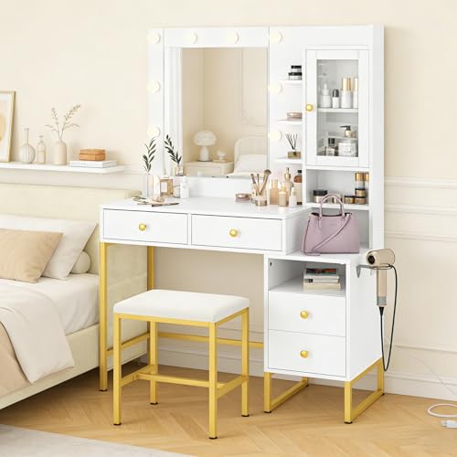 Vanity Desk with Mirror and LED Lights & Power Outlet | Large Makeup Vanity Table with 5 Drawers and 4 Storage Cabinets, White Dressing Table for Bedroom - size: 004 White
