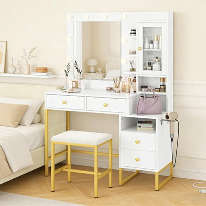 Vanity Desk with Mirror and LED Lights & Power Outlet | Large Makeup Vanity Table with 5 Drawers and 4 Storage Cabinets, White Dressing Table for Bedroom - size: 004 White