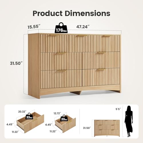 Amada Modern 7 Drawer Dresser, Fluted Wood Chest of Drawers with Rounded Corners, Pre-Installed Drawer Slides, Dresser TV Stand and Storage Organizer for Bedroom or Hallway in Natural Oak - color: Natural Oak, size: 15.5"D x 47.2"W x 31.5"H (7 Drawers)