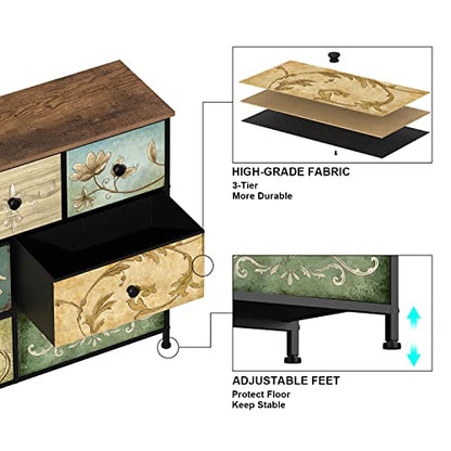 Dresser with Drawers for Bedroom Chest of Drawers Fabric Dresser for Closet,Nursery Entryway Hall Tree TV Stand for Living Room Retro Floral Pattern Drawers Wooden Top (7 Drawers) - size: 11.8"D x 39"W x 31.3"H (7 Drawers)
