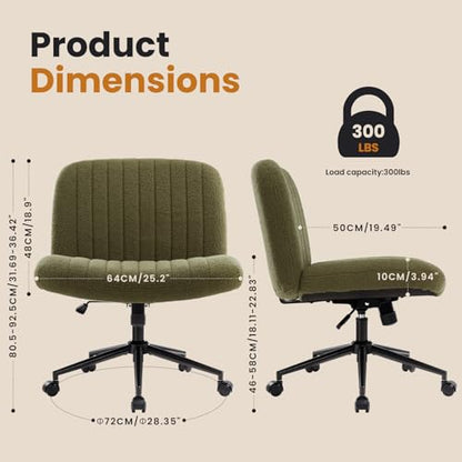 IWMH Criss Cross Office Chair with Wheels Cross Legged Desk Chair Armless | Green Computer Chair Vanity Chair Wide Seat Swivel Task Chair for Home Office Bedroom Make Up Small Space Height Adjustable - color: Teddy Green With Wheels