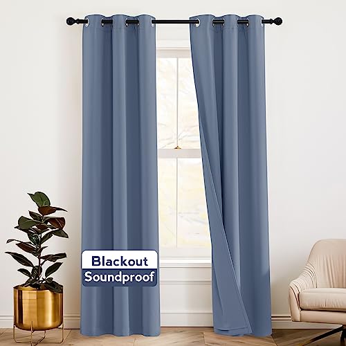 RYB HOME Thermal Insulated Soundproof Curtains, 3 Layers 100% Blackout | Noise Cancelling,Thermal Insulated,With Detachable Felt Liner,For Bedroom Theater Playroom,W42 x L84,Stone Blue,2 Panels - color: Stone Blue, size: 42"W x 84"L (Pack of 2)