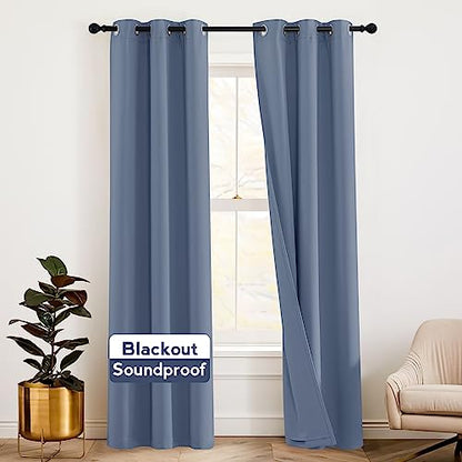 RYB HOME Thermal Insulated Soundproof Curtains, 3 Layers 100% Blackout | Noise Cancelling,Thermal Insulated,With Detachable Felt Liner,For Bedroom Theater Playroom,W42 x L84,Stone Blue,2 Panels - color: Stone Blue, size: 42"W x 84"L (Pack of 2)