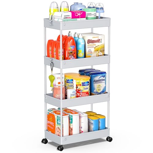 SPACEKEEPER 4 Tier Rolling Cart, Bathroom Cart Organizer with Wheels, Gray | Mobile Storage Cart for Laundry Room Organization,Kitchen,Office,Bathroom, Utility Cart for Snack,Craft,Art,Makeup,Nail,Toys - color: Grey, size: 4 Tier