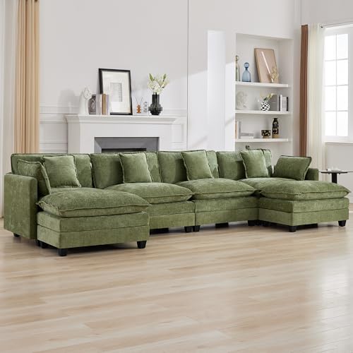 147'' Sectional Cloud Deep Seat Couch, Oversized Chenille U Shaped Sectional Sofa for Living Room Set, Comfy Upholstered Modular Sectional Sofa Couch with Movable Ottoman, Green - color: Green, size: 147'' U Shape