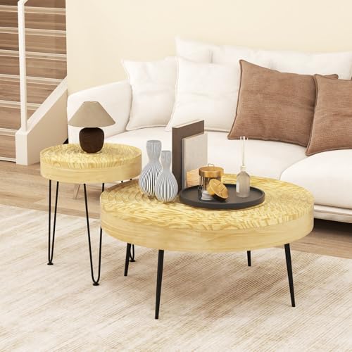 Giantex Boho Round Coffee Table Set of 2, Sofa Side Nesting Table with Solid Pine Wood Top, Metal Legs & Adjustable Foot Pads, 31.5" D Large Table Set for Living Room (Ring Pattern, Natural) - color: Natural, style: Ring Pattern