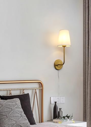 Set of 2 Plug in Wall Sconces, Rustic Wall Lighting Fixtures with On/Off Switch and Pure White Fabric Lampshade, Antique Brass Wall Lamps for Living Room Bedroom - size: 2-pack