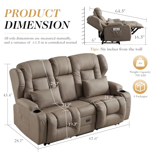 Loveseat Recliner Sofa,RV Wall Hugger Recliners with Flip-up Console,Reclining Loveseat Sofa Recliner with Cup Holders/Lumbar Pillows for Small Spaces,RV Furniture (Khaki,68" 2-Seater) - color: Khaki, size: 68" 2-Seater