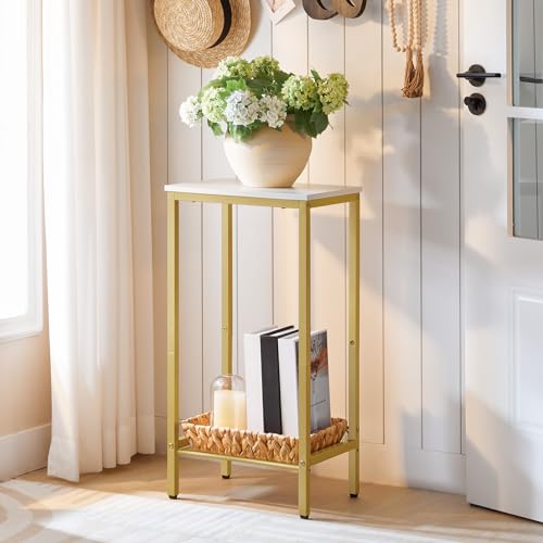 HOOBRO Tall Side Table, Industrial End Telephone Table with Adjustable Mesh Shelves, Small Tall Nightstand for Living Room, Bedroom, Entryway, Office, White and Gold DW03DH01 - color: White + Gold