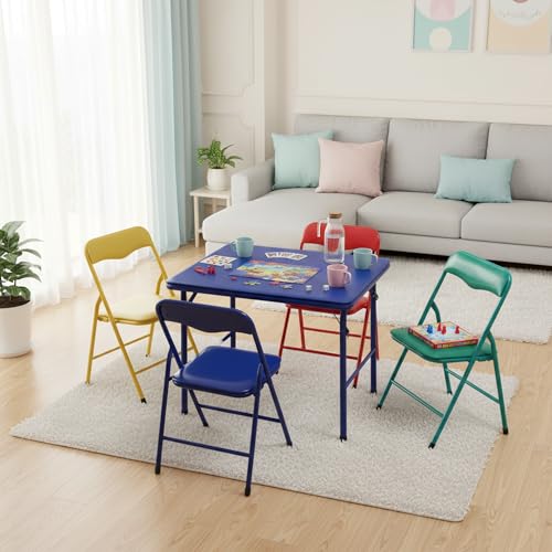 FurnitureR 5-Piece Folding Table and Chair Set, Compact Square Activity Table with 4 Folding Chairs, Sturdy Metal Frame, Flat-Fold Design for Game Room, Crafts, Family Activities