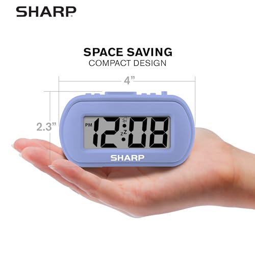 Sharp Battery Alarm Clock with Soft-Touch Case and Blue Backlight, Lavender | Soft-touch rubberized case; Battery operated; Blue backlight on demand; Ascending alarm; Snooze; Easy to use - color: Lavender