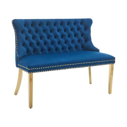 Blue Velvet Dining Bench with Back, Tufted Banquette Seating, Gold Legs | Upholstered loveseat bench; tufted back; nailhead trim; 500 lb capacity; foam and spring seat; dining room or entryway - color: Blue(gold Stainless Steel Legs)