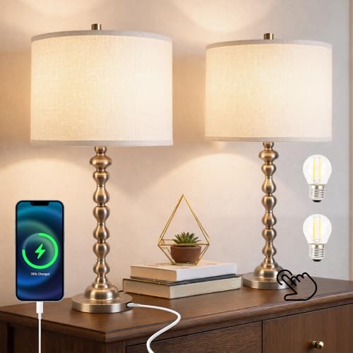 Modern Gourd Table Lamps Set of 2, Touch Control Bedside Lamp for Nightstand with USB Ports, 3-Way Dimmable Nightstand Lamps for Living Room Bedroom Table, Silver - color: Silver