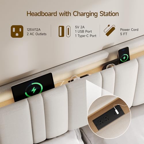 Queen Size Headboard with Storage, LED Light, Linen Vertical Wingback Headboard with Charging Station, Upholstered Head Board Queen w/High-Density Sponge Padding, 2 Storage Pockets, Off White | Linen Vertical Wingback Headboard w/ Charging Station, Uphols