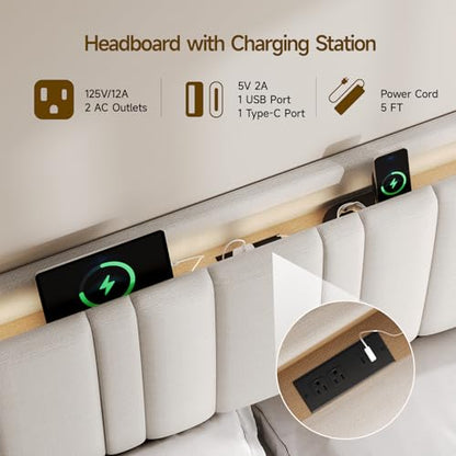 Queen Size Headboard with Storage, LED Light, Linen Vertical Wingback Headboard with Charging Station, Upholstered Head Board Queen w/High-Density Sponge Padding, 2 Storage Pockets, Off White | Linen Vertical Wingback Headboard w/ Charging Station, Uphols