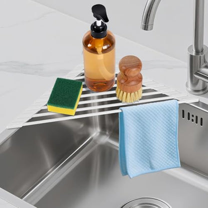 HANZENMA Triangular Sink Rack, Multi-Functional Rack Above the countertop, Foldable Sink Drying mat, Heat-Resistant, Non-Slip, and Rust-Proof Dish Rack (White) - color: White, size: Triangle: 15.8" x 9"